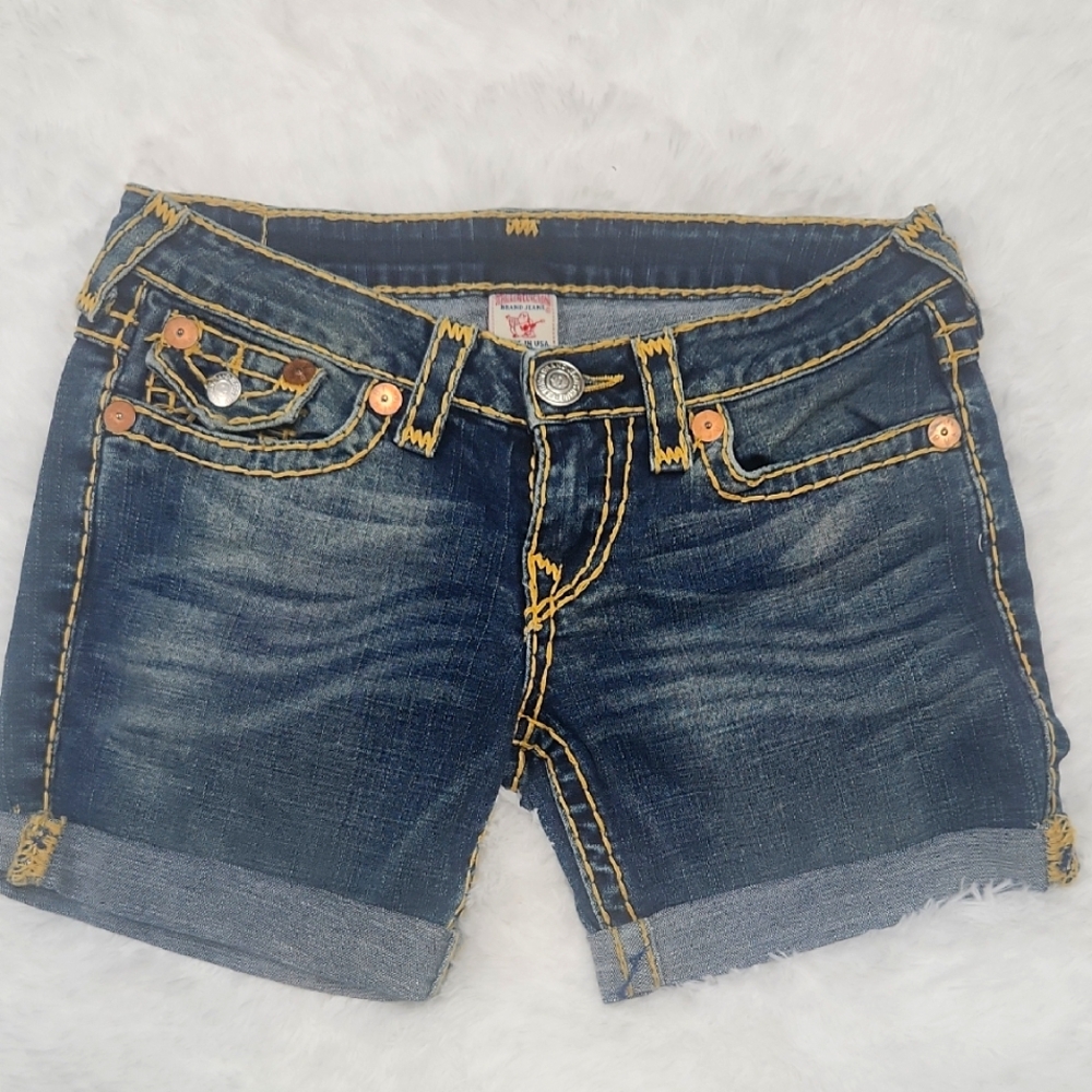 True Religion Blue Jean Shorts Distressed Cut-Off Style